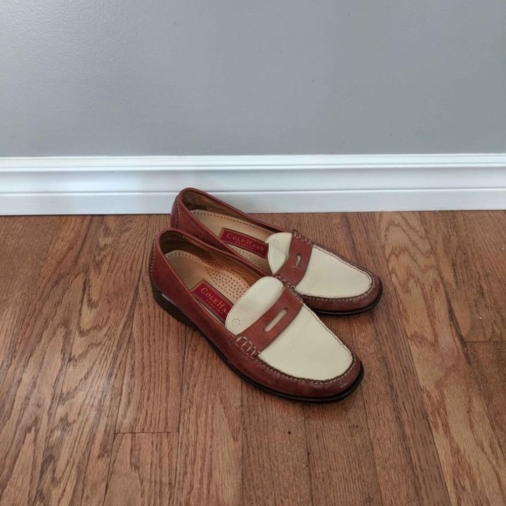 Brown and White Cole Haan Penny Loafers